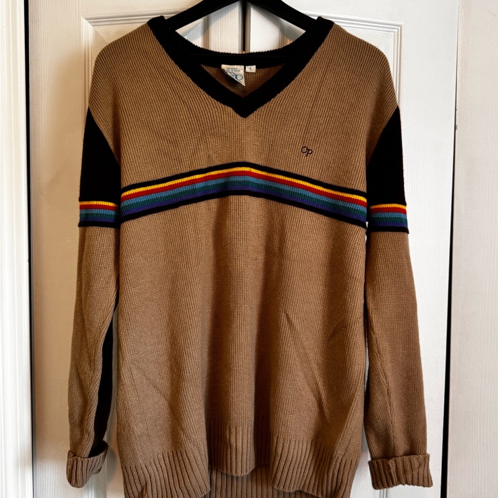 Vintage OP Brown and tan with rainbow stripes sweater